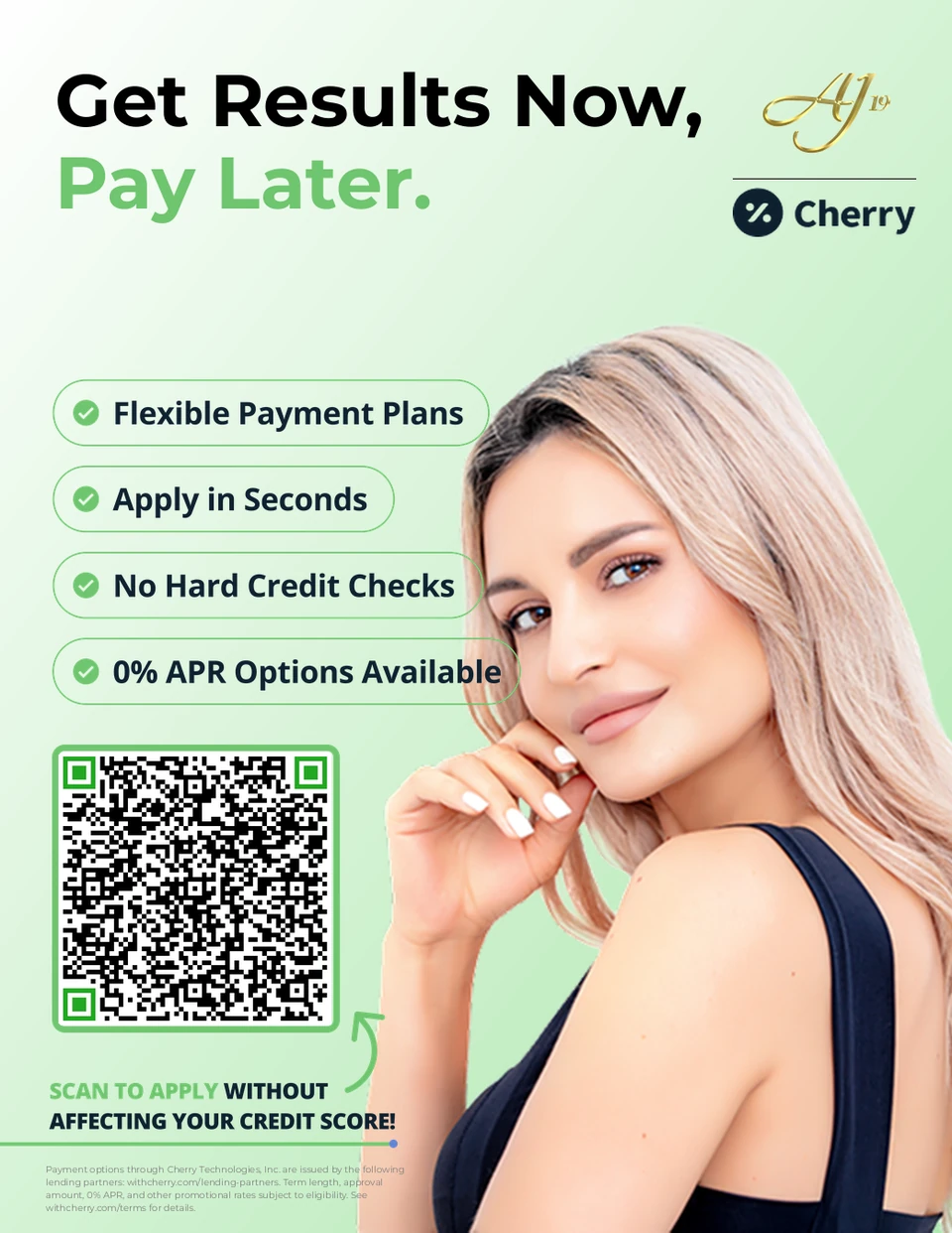 Official AJ19 and Cherry poster: flexible payment plans, application QR code and financing conditions.