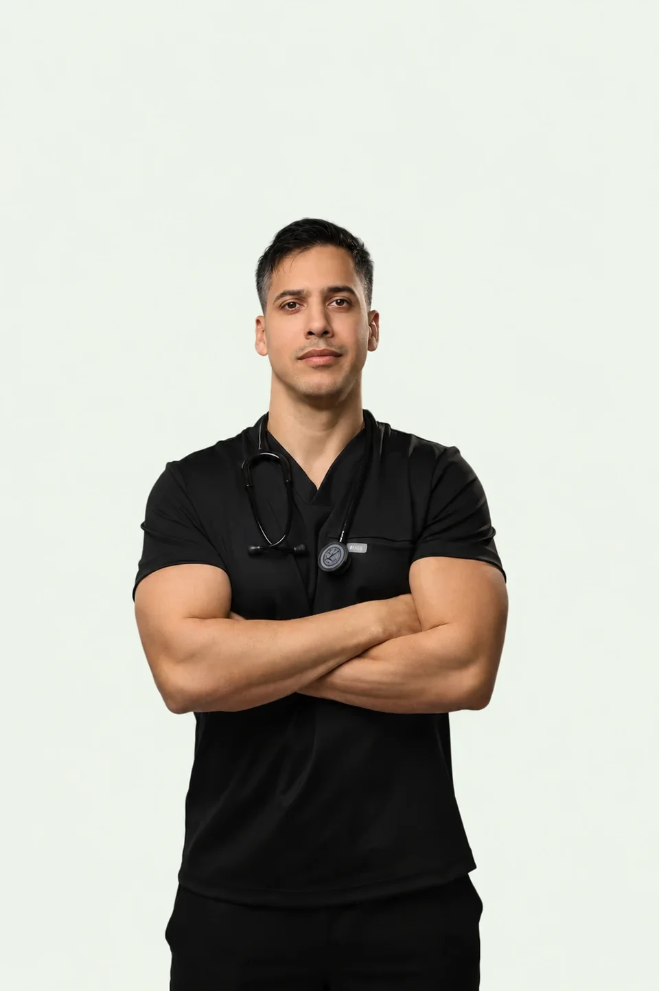 Arnoldo Oliveros Lopez in black scrubs with his arms crossed